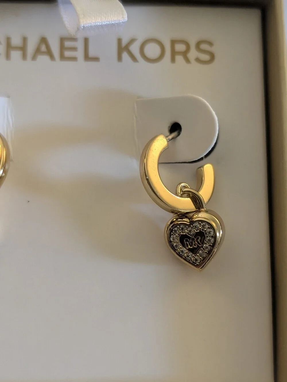 Michael Kors MK Logo Gold Plated Crystal Pave Heart Dangle Earrings